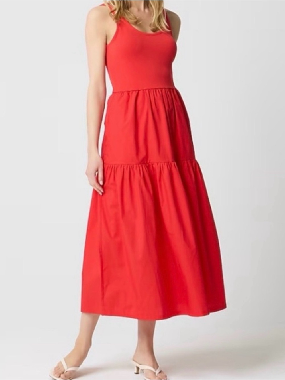 J. Crew Factory Red Tiered Mixed Media MIDI Tank Dress